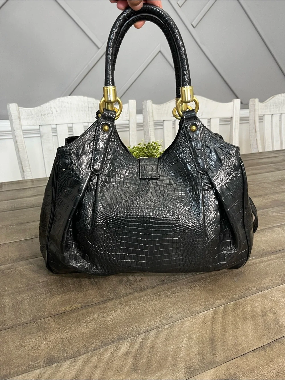 *BRAHMIN* Black Elisa Melbourne Croc-Embossed Leather Satchel Shoulder Bag